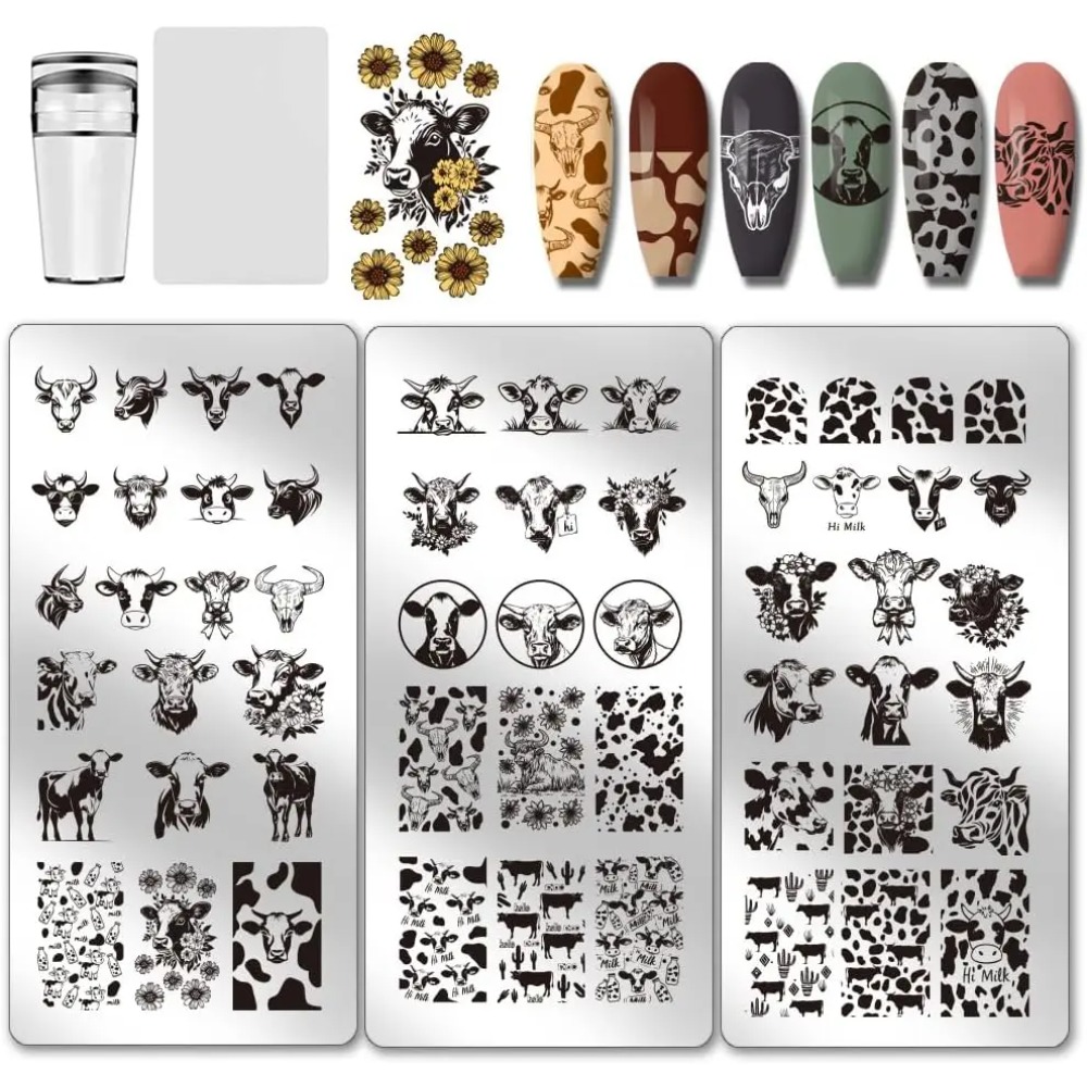 Nail Art Inspo - 3pcs Plat Stamping Kuku Bertema Sapi