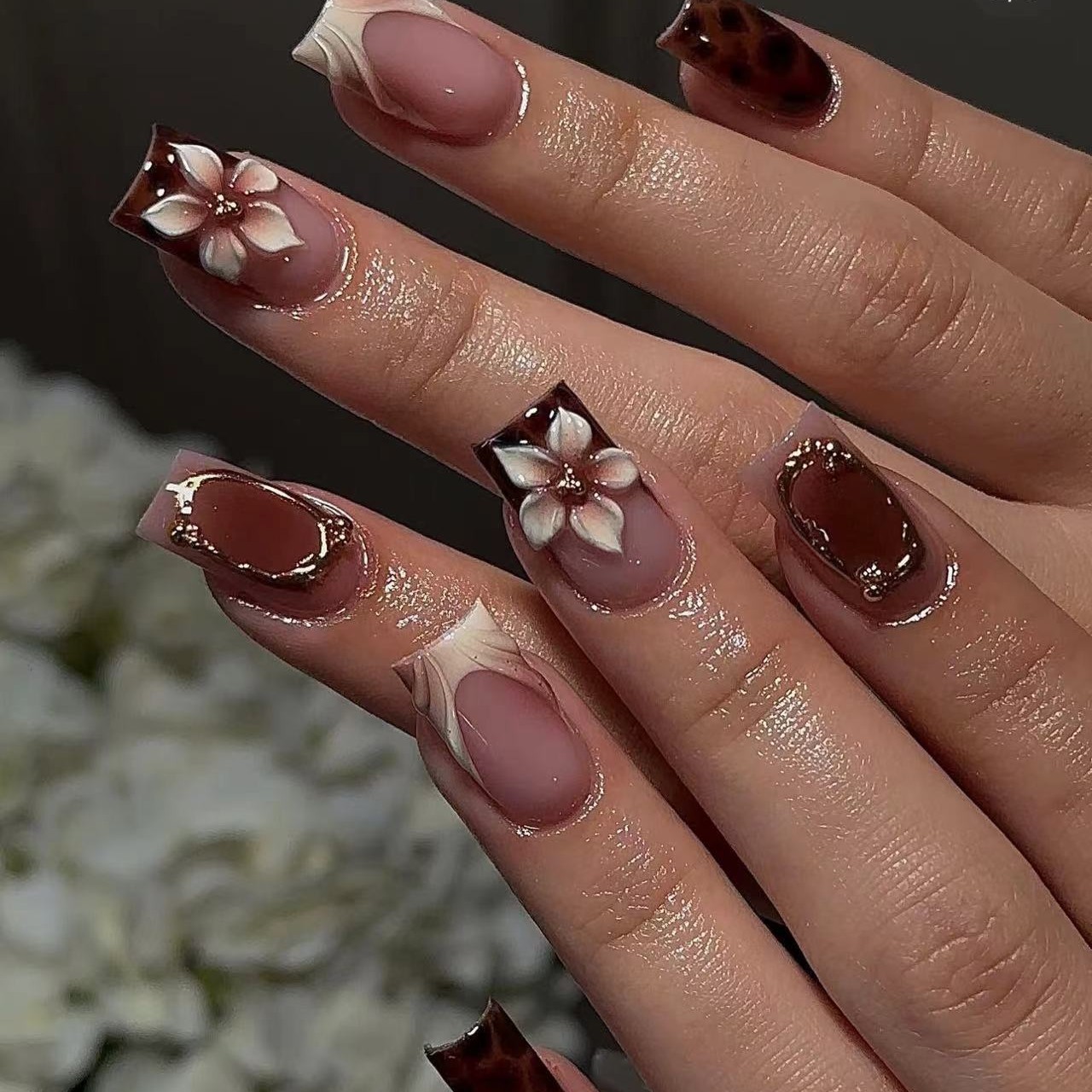 Nail Art Leopard - Kuku palsu pendek persegi untuk wanita,
