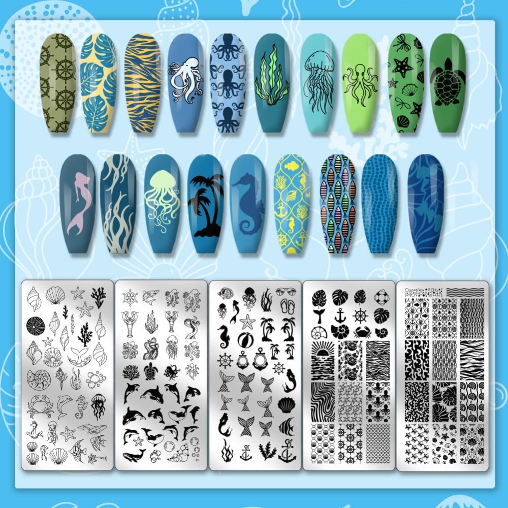 5pcs Templat Nail Art Tema Lau - Nail Art Inspo ulasan dan harga