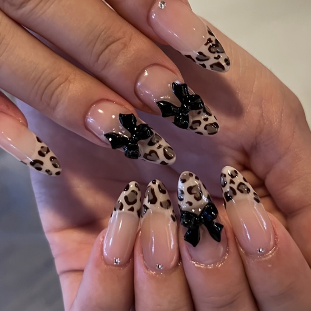 24pcs Kuku Palsu French Almond - Nail Art Leopard ulasan dan harga
