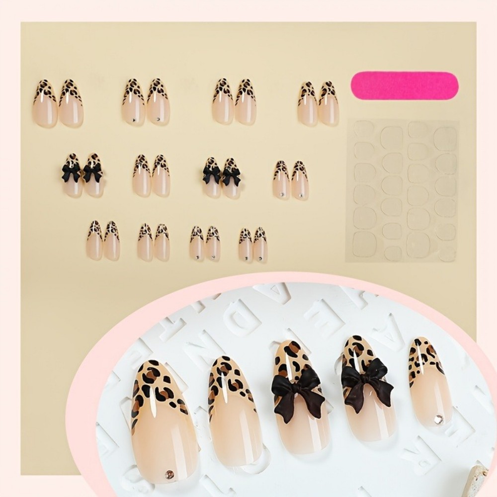 24pcs Kuku Palsu French Almond - Nail Art Leopard ulasan dan harga